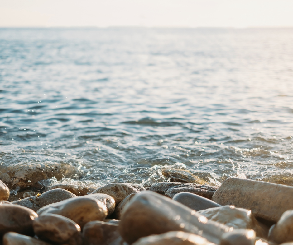Rocky shoreline with water gently lapping against the stones, with a blurred horizon in the background under soft, natural light.