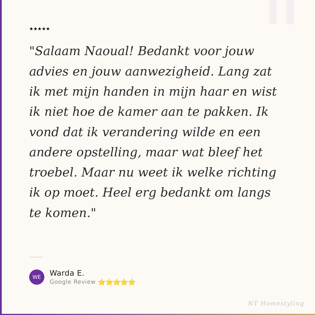 Een screenshot van een bedankbrief met een recensie van Warda E. op Google Reviews, met vijf sterren. De tekst is in het Nederlands en uit magazijn of papier.