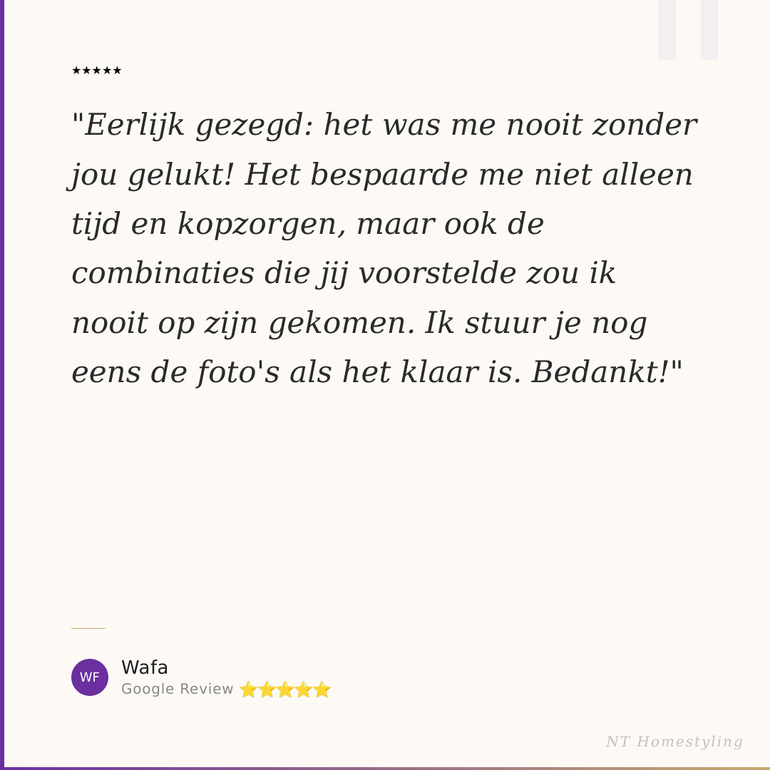 Een screenshot van een Google Review met een citaat in italics en vijf sterren onder de naam Wafa.