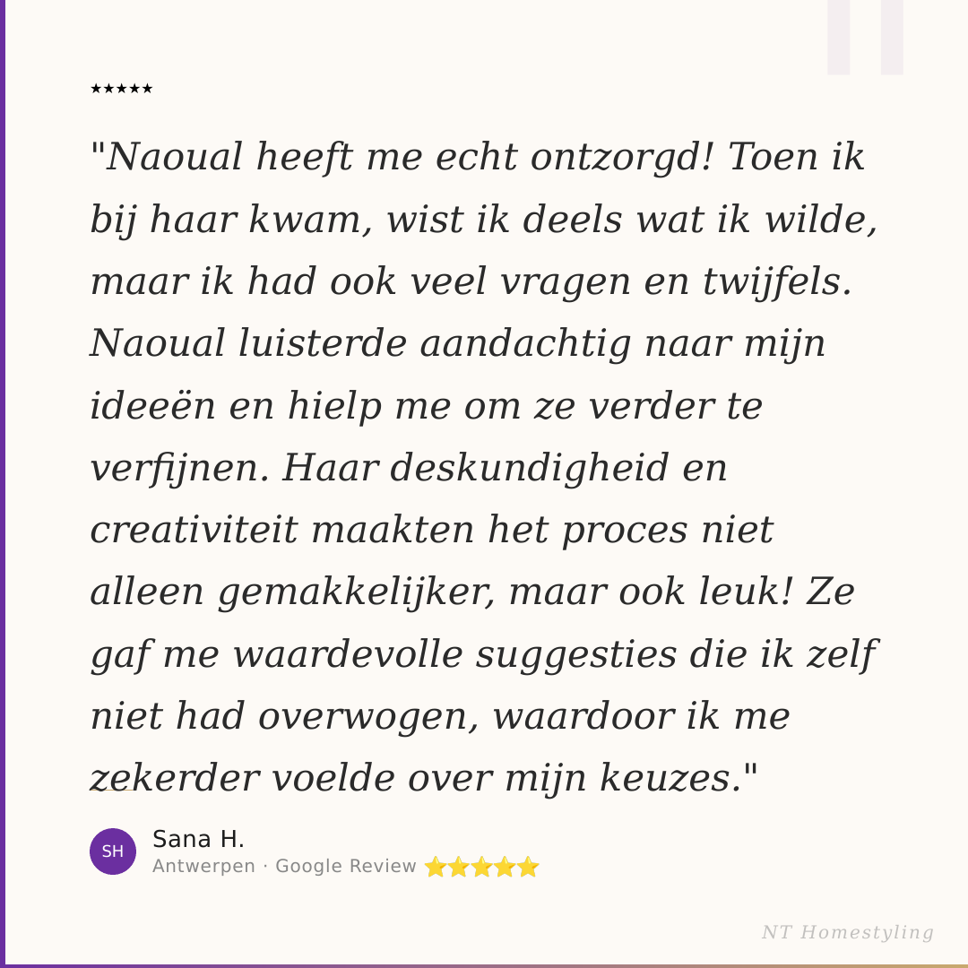 Positieve Google review van Sana H. uit Antwerpen, met vijf sterren, over haar ervaring met een begeleidingstraject.