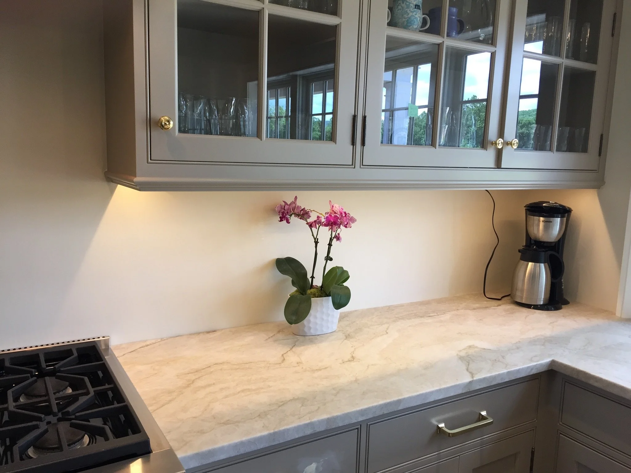 A kitchen counter with a pink orchid in a white pot, a coffee maker, and a gray cabinet with glass doors.