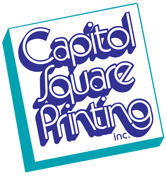 Logo of Capitol Square Printing Inc. with stylized blue text on a tilted white background with teal border.