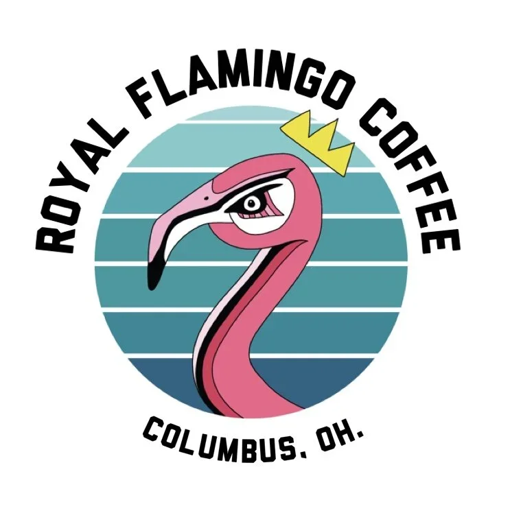 A logo featuring a pink flamingo with a crown and a stylized eye, encircled by the text "Royal Flamingo Coffee" at the top and "Columbus, OH" at the bottom, with a blue and teal striped background.
