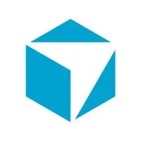 Blue 3D cube logo with one face partially open.