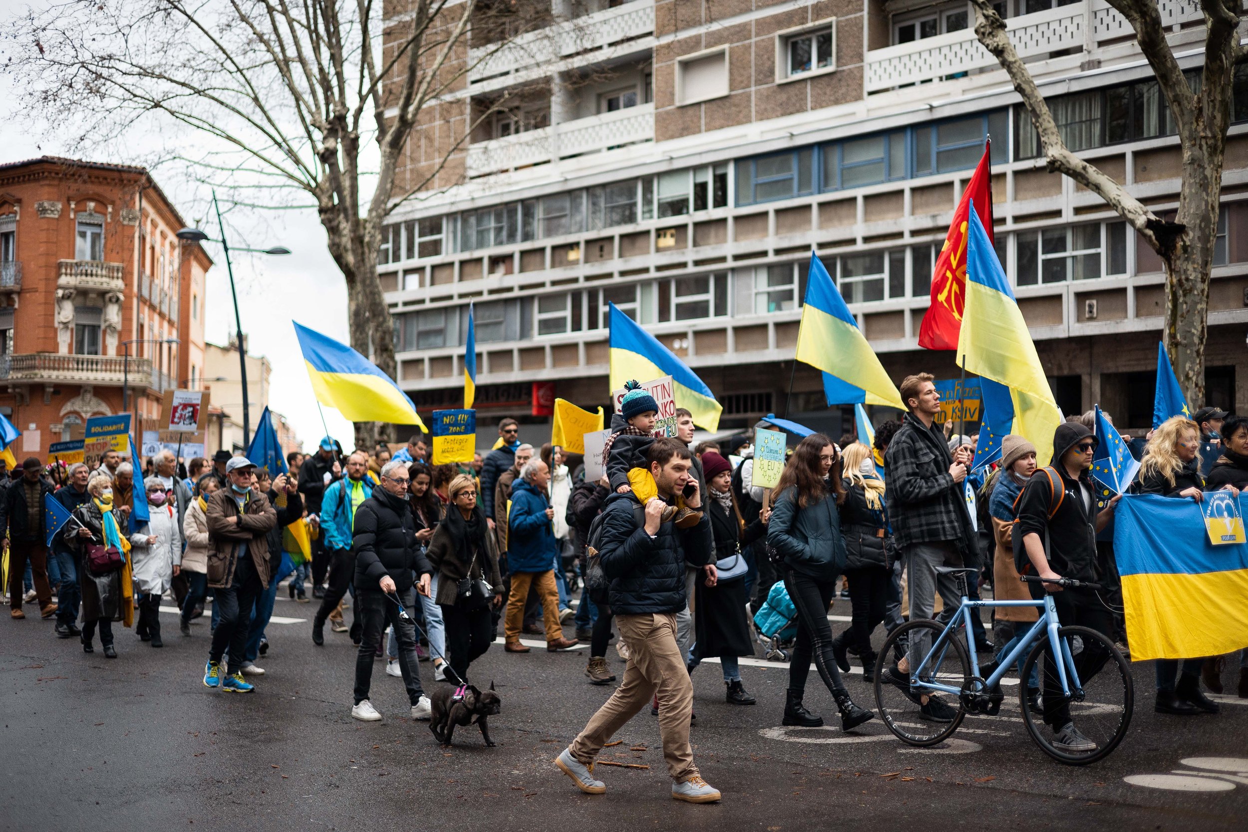 Manifestation avec des drapeaux ukrainiens dans une rue urbaine, plusieurs participants portant des pancartes.