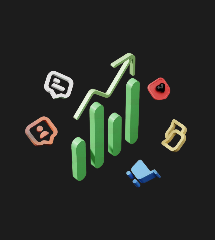 Green ascending bar chart with an upward arrow, surrounded by social media icons and a megaphone on a black background.