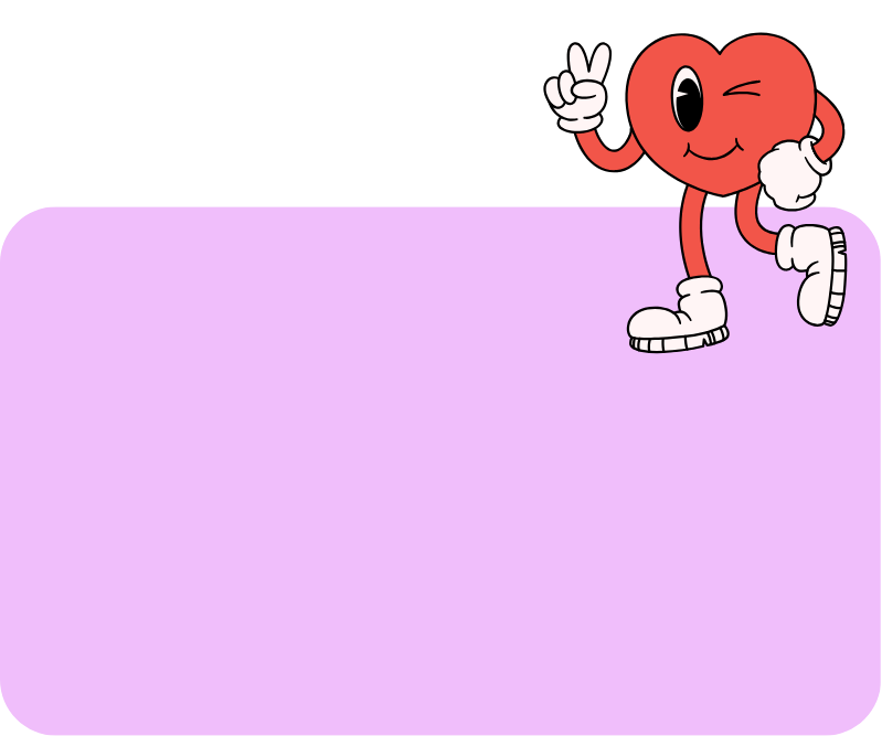 A cartoon heart character with arms and legs, wearing white gloves and sneakers, making a peace sign with one hand and winking.