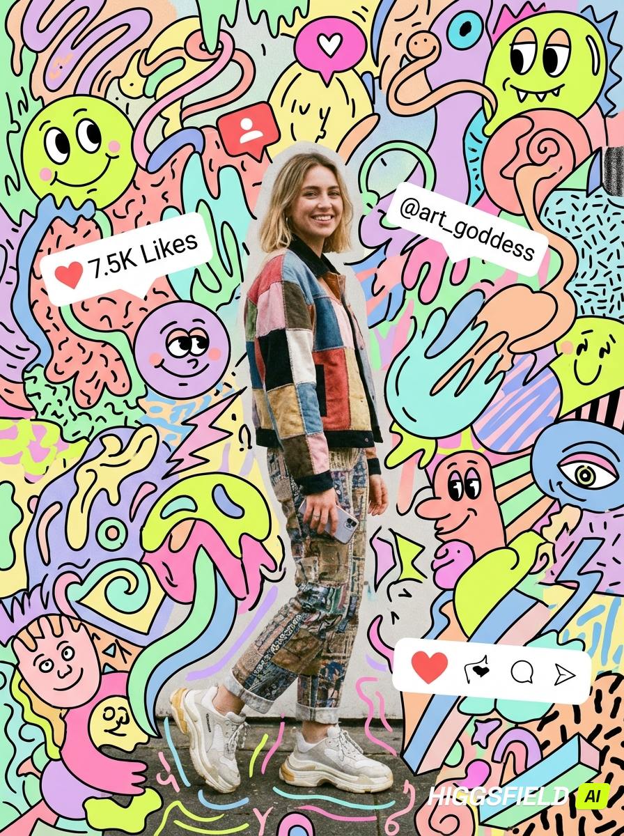 A young woman with blonde hair, smiling, wearing a multicolored patchwork jacket and patterned pants, standing in front of a vibrant, cartoon-style graffiti background with colorful abstract shapes and faces, and social media icons showing likes and comments.