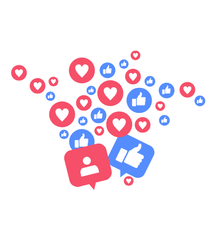 Collection of social media reaction icons including hearts, thumbs up, and user profile symbols.