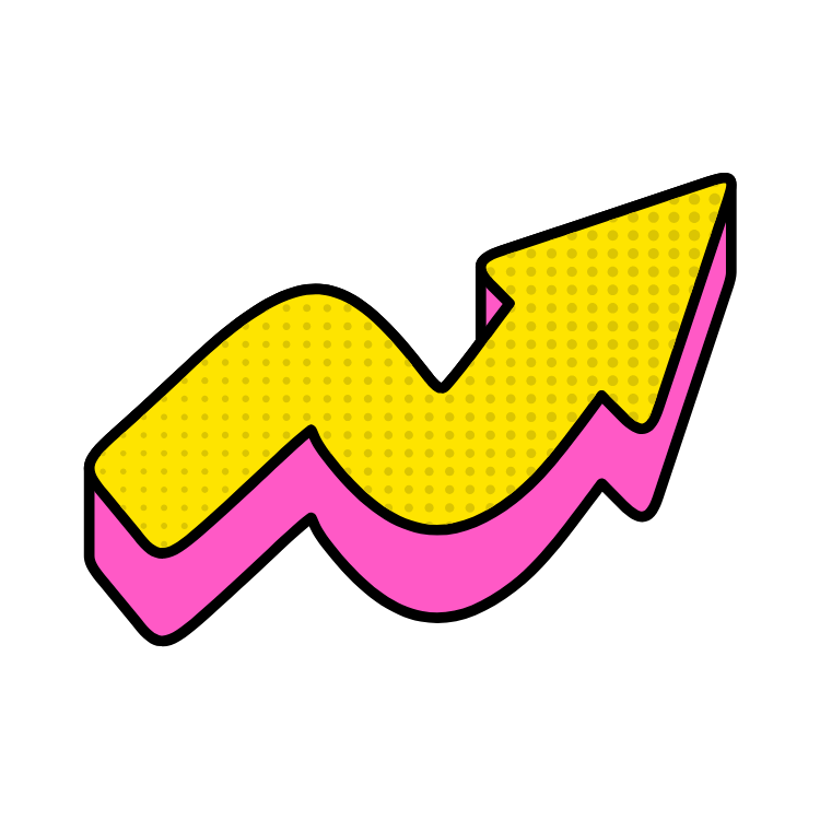 A colorful, stylized arrow pointing upward, with a pink outline and a yellow fill with dot pattern, representing growth or progress.