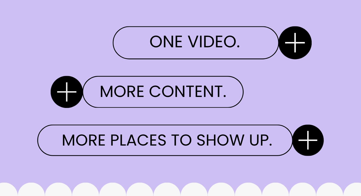 Screen with three buttons labeled 'One Video,' 'More Content,' and 'More Places to Show Up,' each with a plus icon next to it, in a purple background with white semicircle shapes at the bottom.