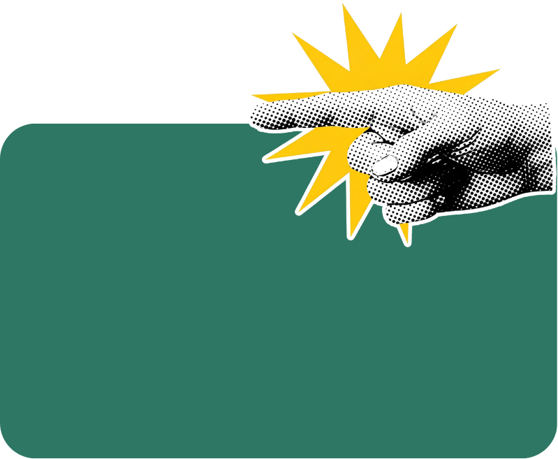 A stylized illustration of a hand with dotted shading, pointing with the index finger, with a yellow starburst shape behind it on a dark background and a green surface below.