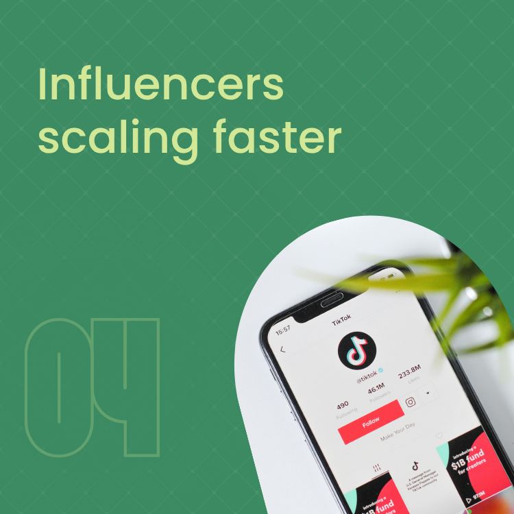 A smartphone displaying the TikTok app, with text 'Influencers scaling faster' on a green background.