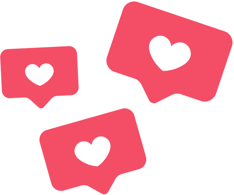 Three pink speech bubbles with white hearts on a black background.