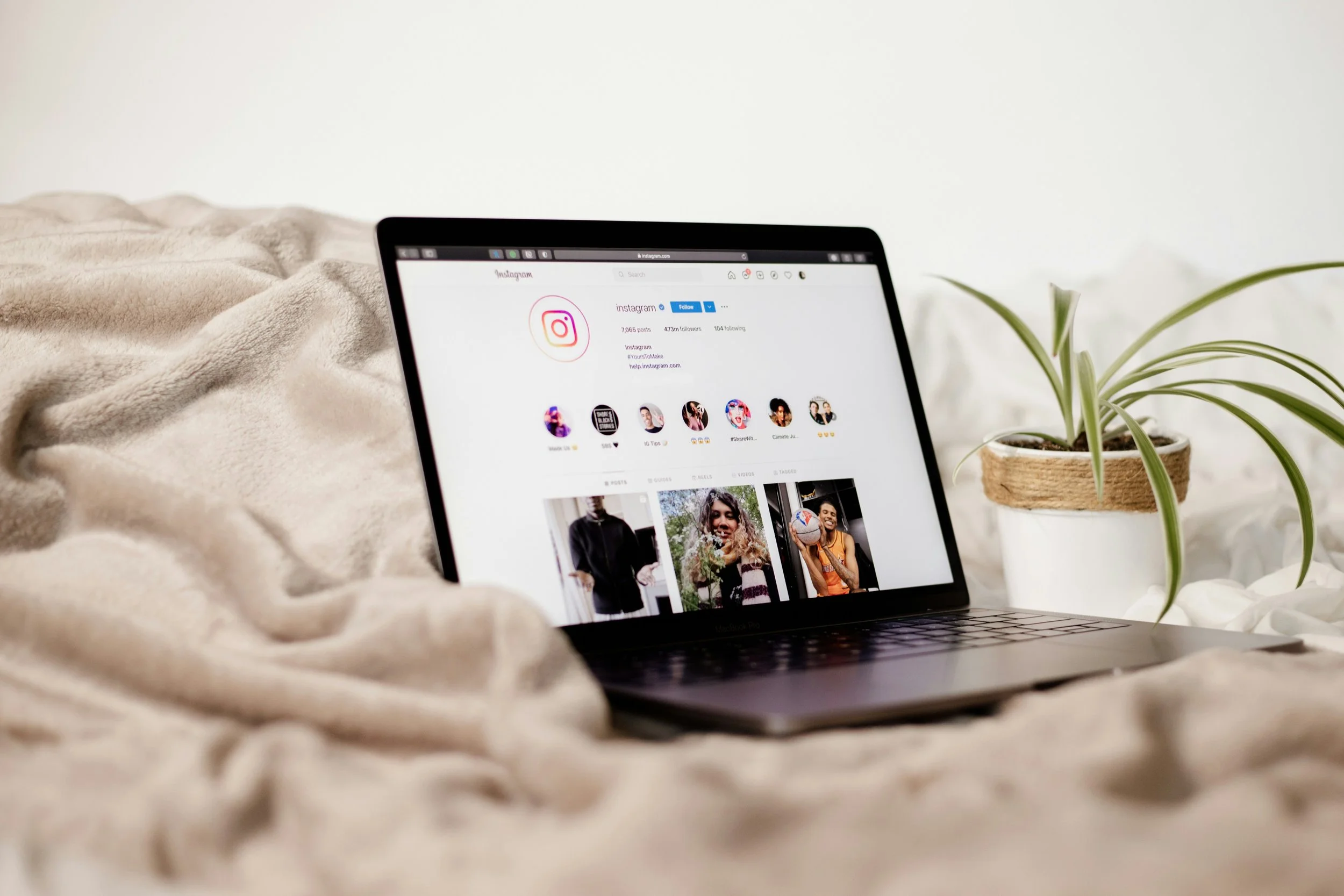 Laptop displaying Instagram profile on a cozy bed with beige bedding and a potted plant nearby.
