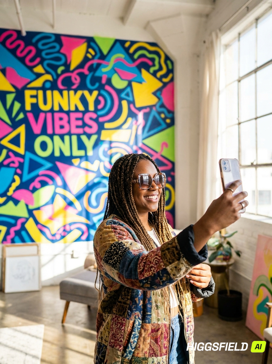 A woman wearing sunglasses and a patchwork jacket taking a selfie in an art studio with bright, colorful abstract artwork that says 'FUNKY VIBES ONLY' on the wall behind her.