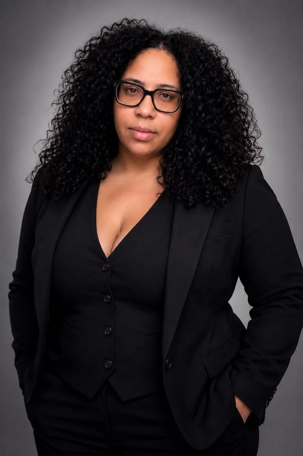 A woman with curly black hair, wearing glasses and a black blazer over a black button-up top, posing against a gray background.