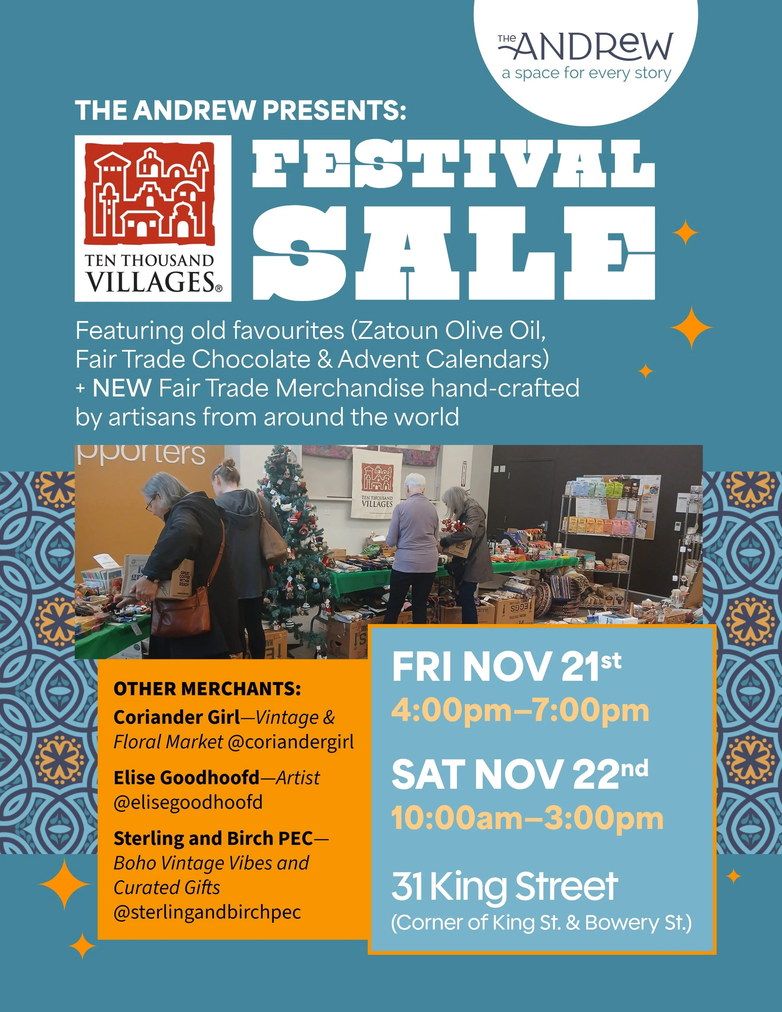 Ten Thousand Villages Festival Sale. A few local merchants will also be present.