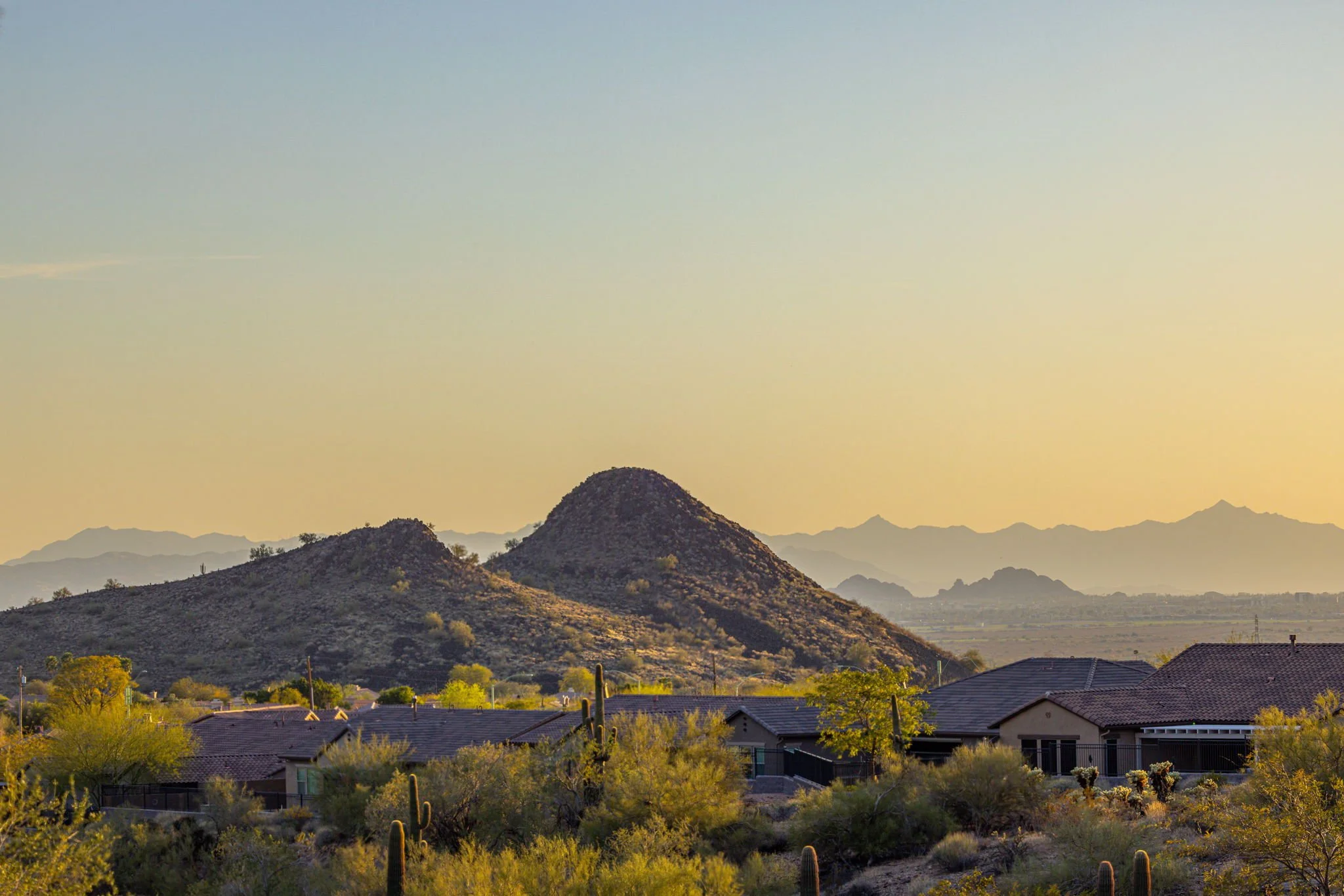 Desert landscape at sunset with mountains, houses, cacti, and sparse trees in the foreground.