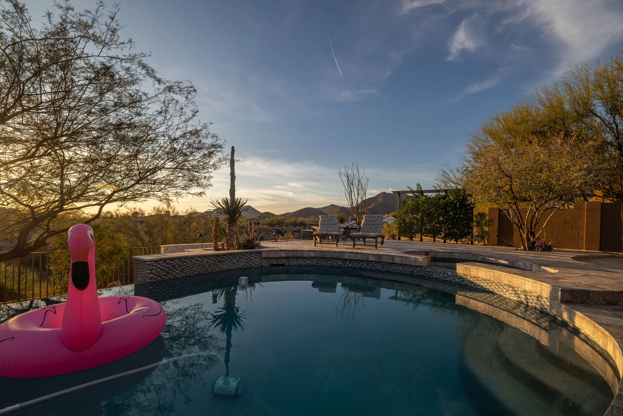 An outdoor swimming pool with a pink flamingo float, surrounded by a desert landscape with cacti and mountains in the distance, under a clear blue sky at sunset.