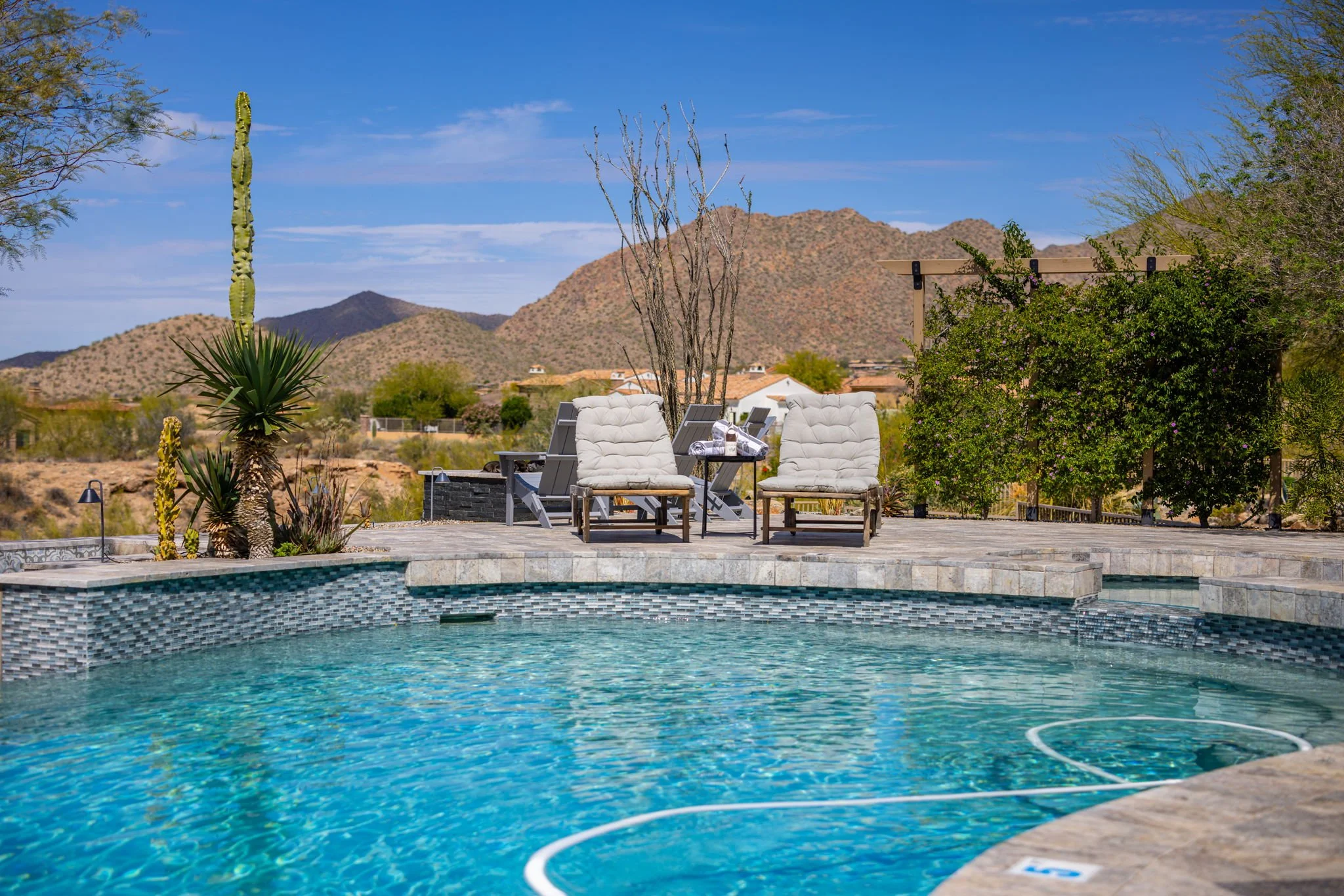 A backyard pool with a stone deck, surrounded by desert plants and mountains, with lounge chairs and a trellis in the background.