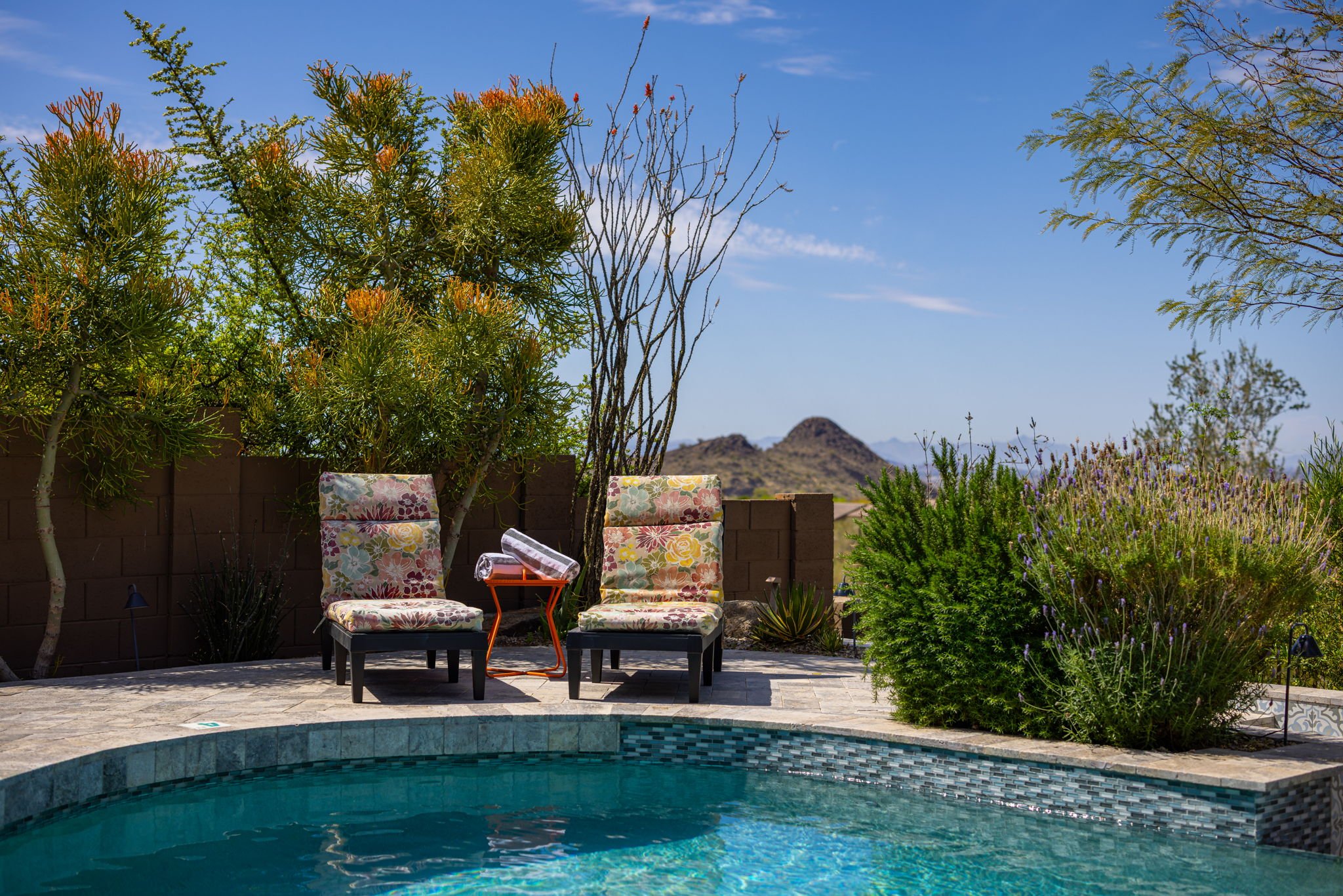 A backyard pool area with two floral-patterned lounge chairs, a small table with a rolled-up towel, and desert plants and trees against a mountain landscape and blue sky.