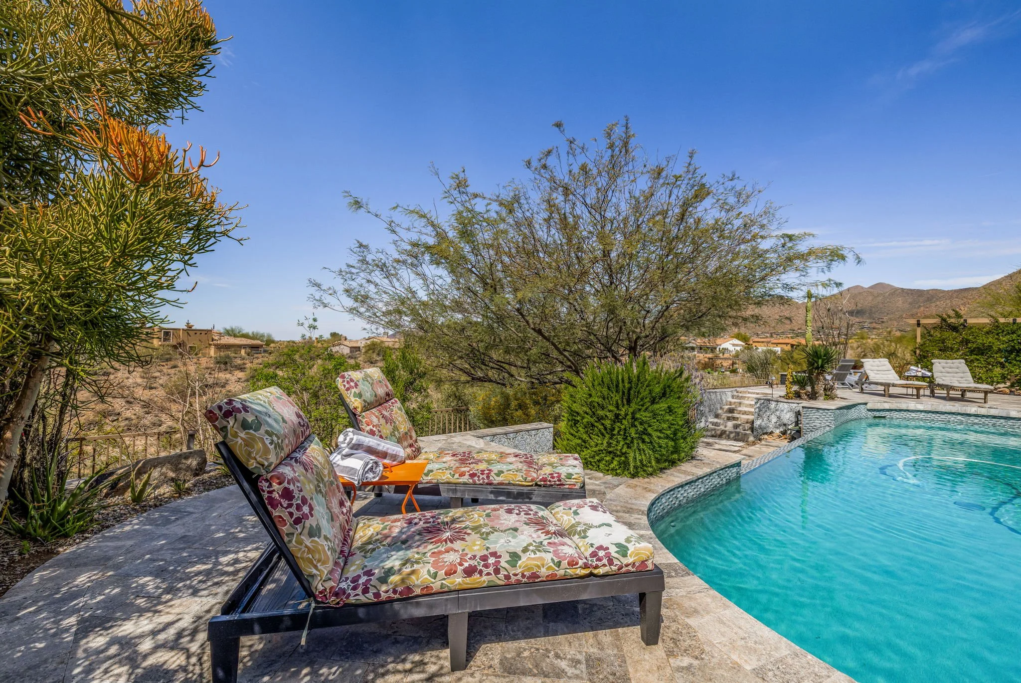 A backyard pool area with lounge chairs and desert landscaping, including cacti and bushes, under a clear blue sky.