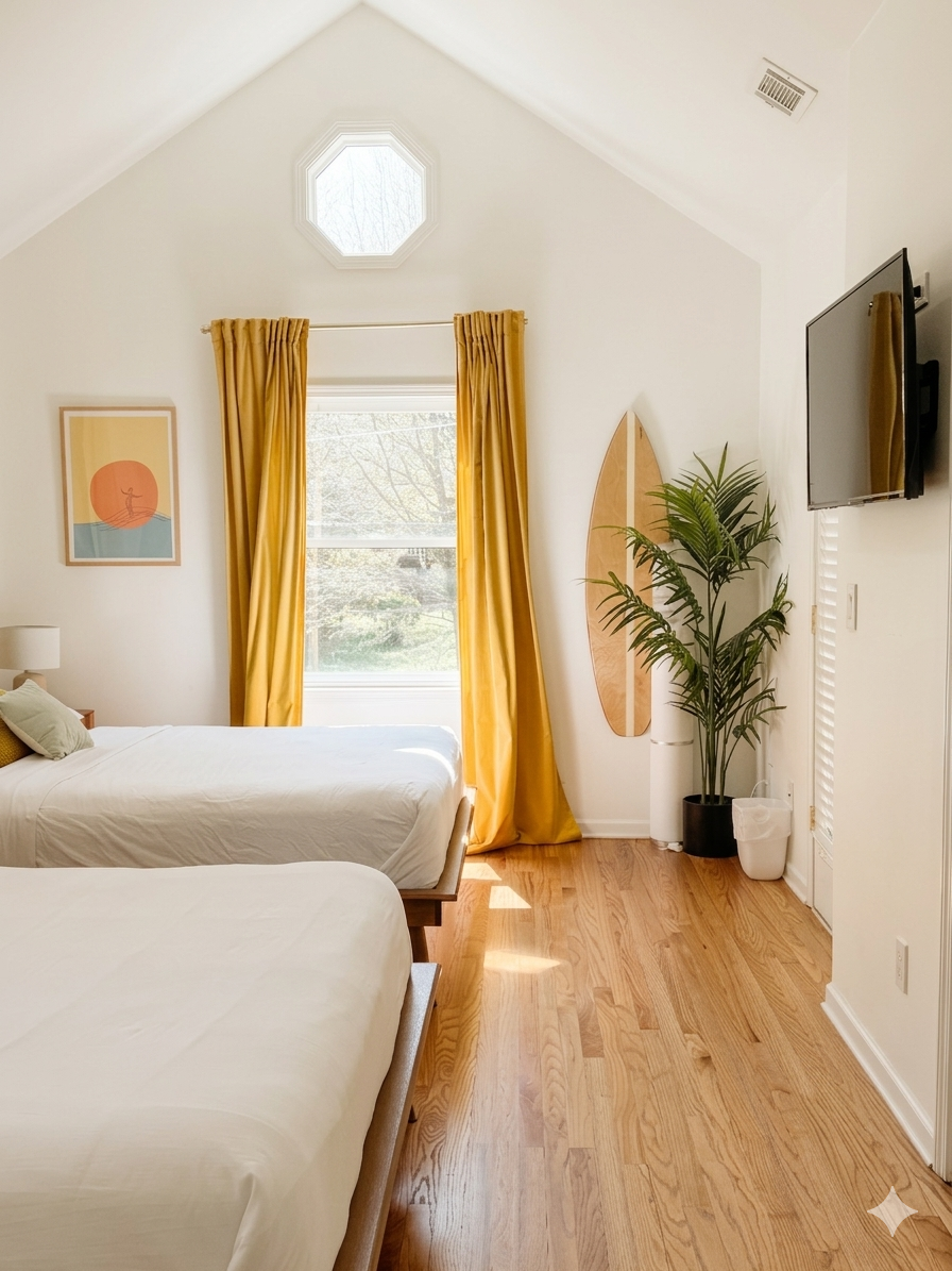 Upstairs bedroom with 2 queen beds with private patio seating