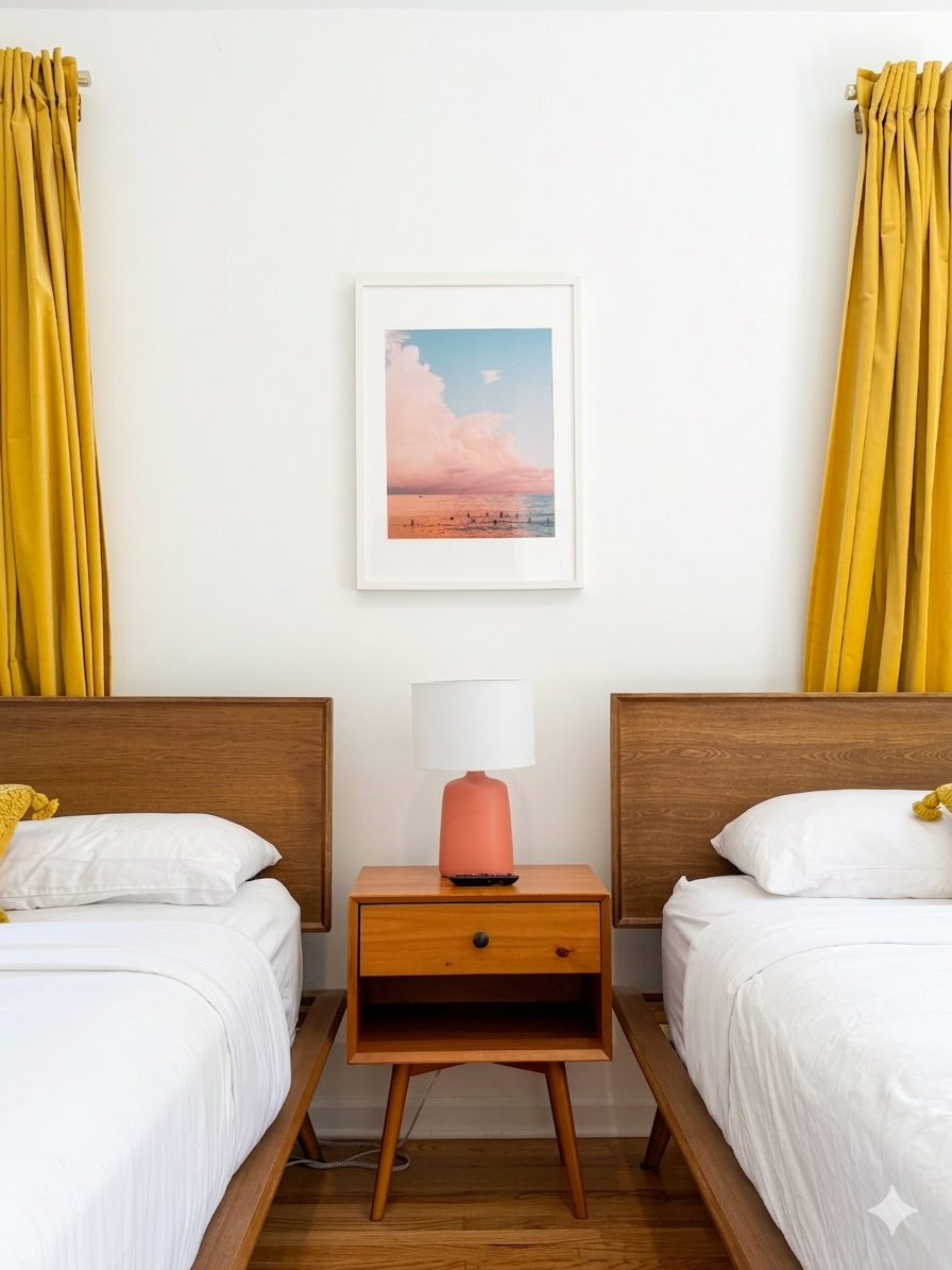 Upstairs bedroom with 2 queen beds with private patio seating