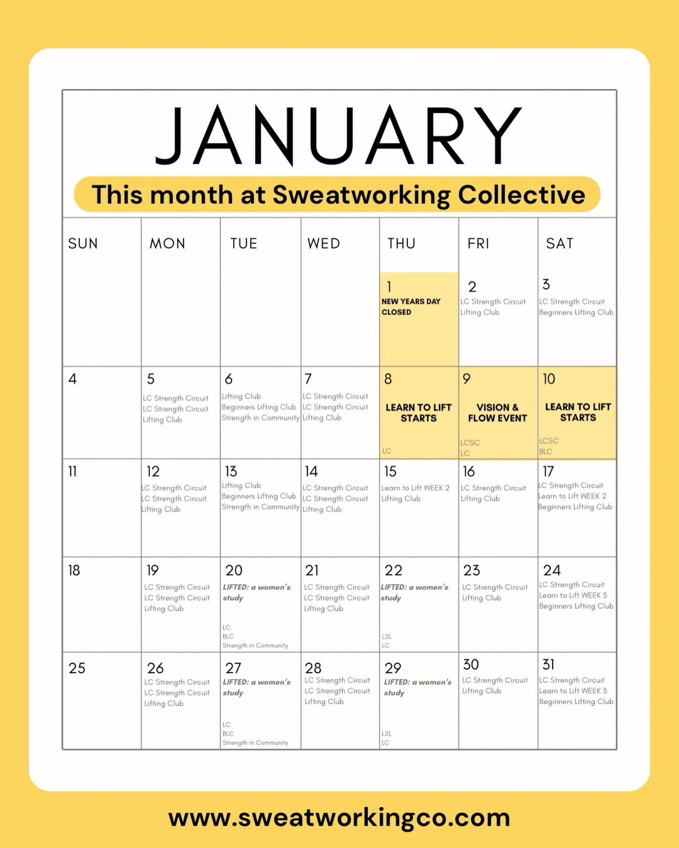 Happy new year everyone 💛

We have some very fun things coming up this month that you won&rsquo;t want to miss including:

🏋🏽&zwj;♀️Learn to Lift starting again on Thursday Jan 8th at 430pm as well as Saturday Jan 10th at 9am (1 spot left!!!)
🧘🏼