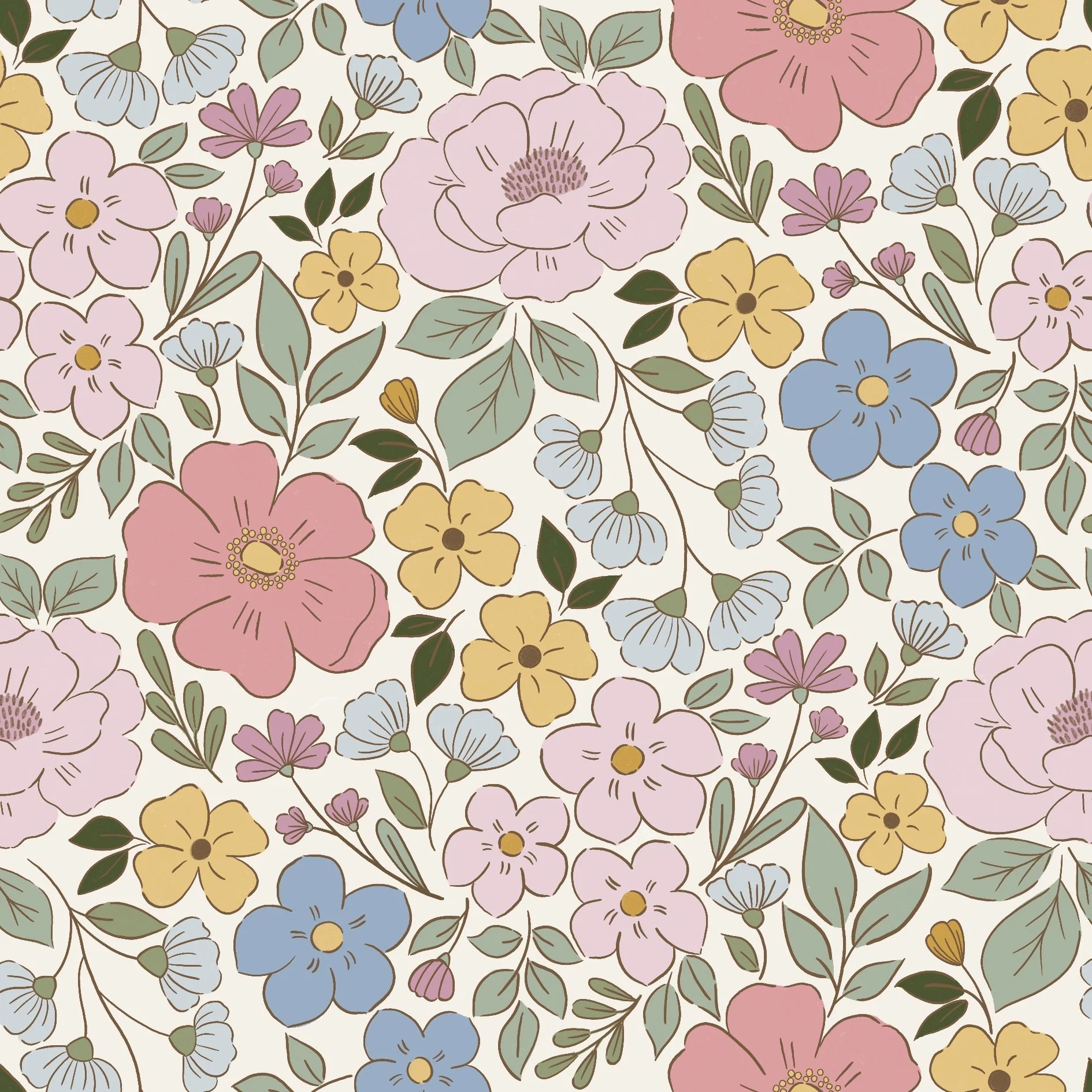 Motif floral répétitif inspiré des jardins en fleurs, mêlant formes botaniques et couleurs douces dans un univers poétique.