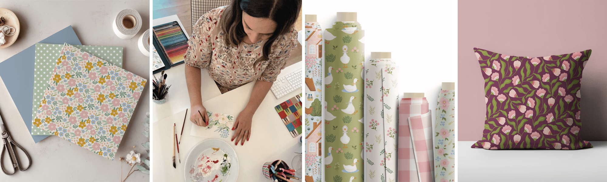 Illustratrice Fleur de Liza travaillant à l’aquarelle dans son studio entourée de ses motifs et créations