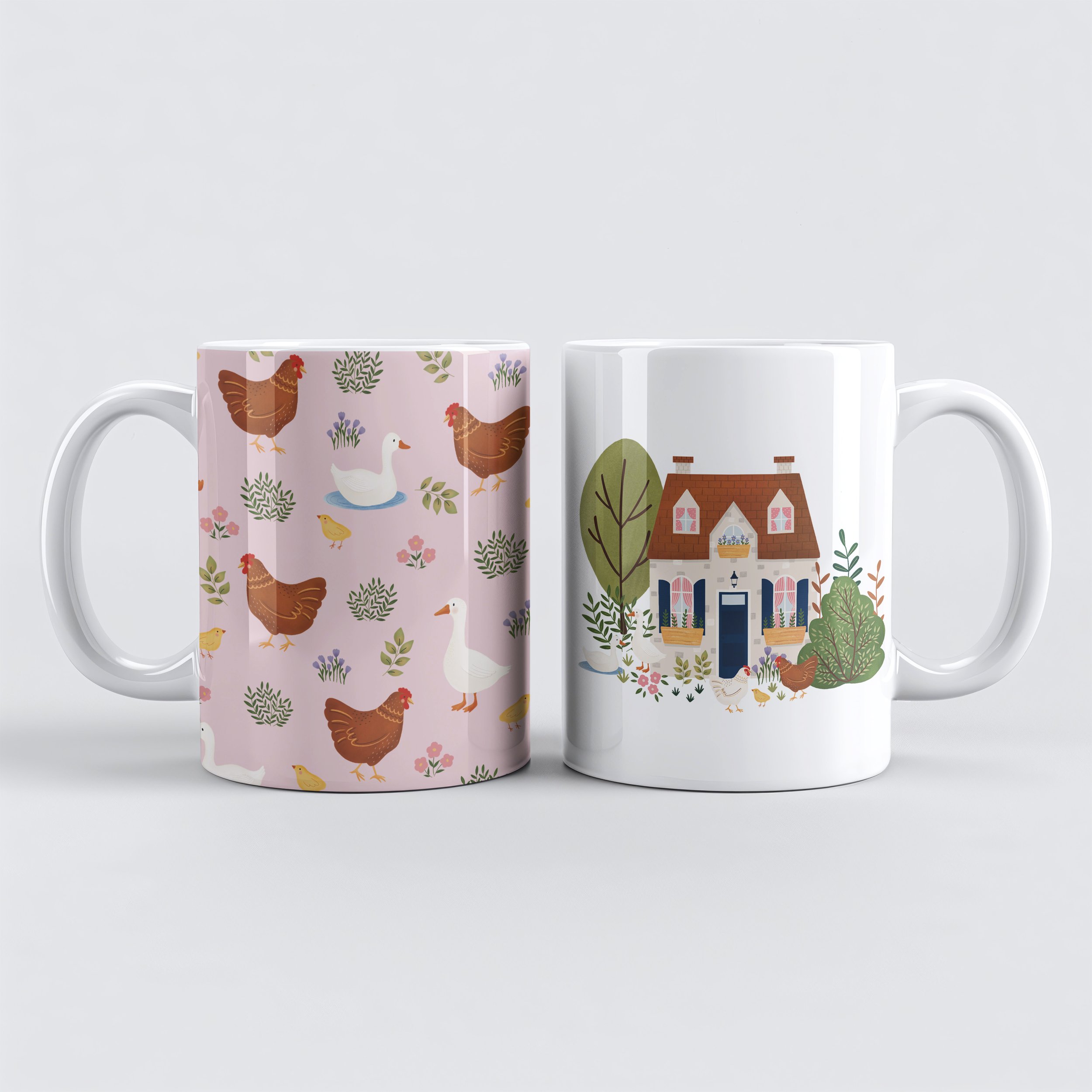 Motifs cottagecore appliqués à des mugs