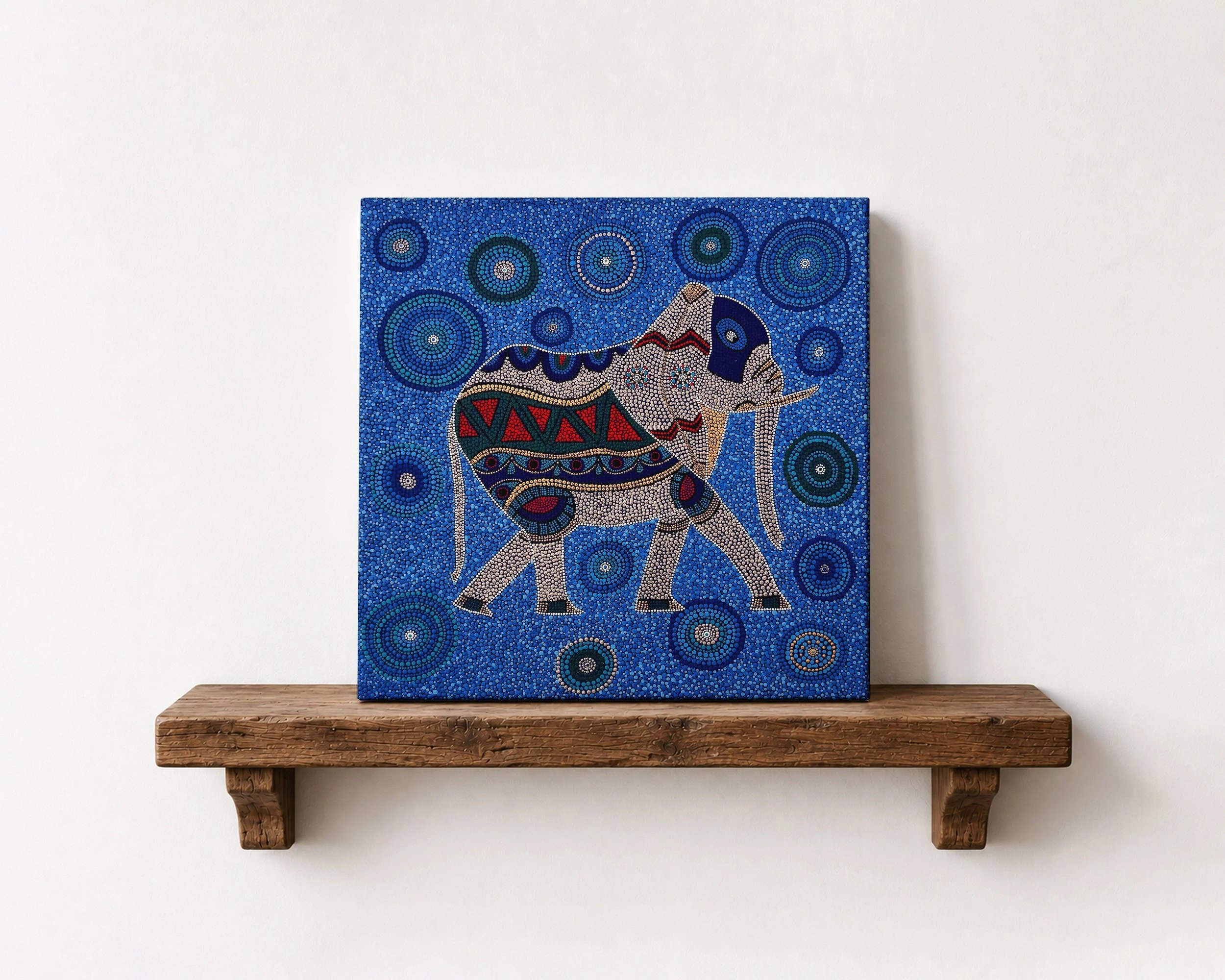 Peinture en pointillisme à l'acrylique représentant un éléphant, réalisée au début de mon parcours artistique.