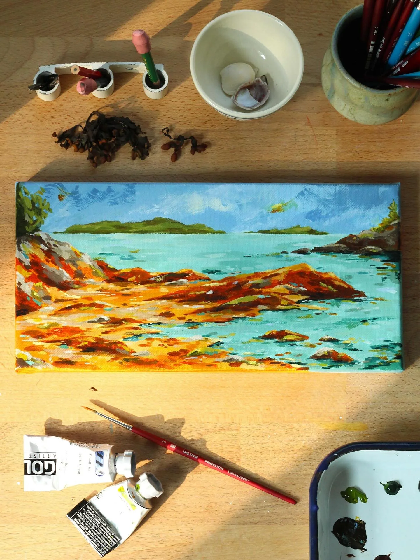 I&rsquo;m pretty rubbish at posting but despite the comings and goings of summer there have been pauses and space to create. Low Tide at Wolfs Neck - painted in between calls for snacks and in the early light of the day before slippered feet make the