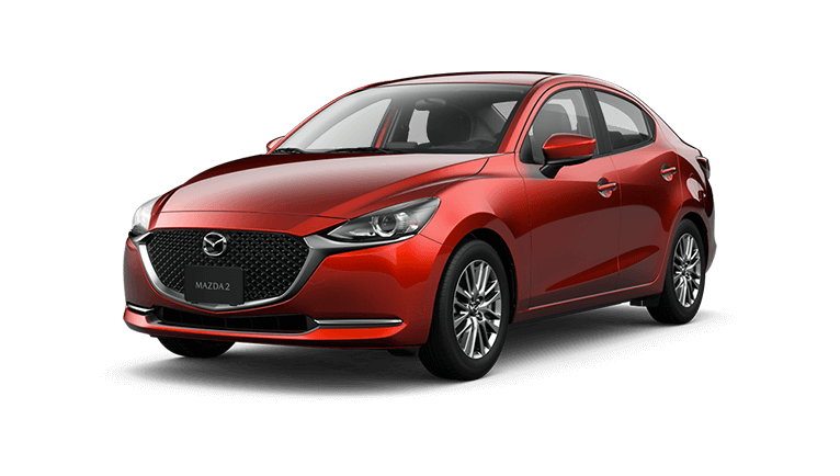 Red Mazda2 hatchback car on a black background.