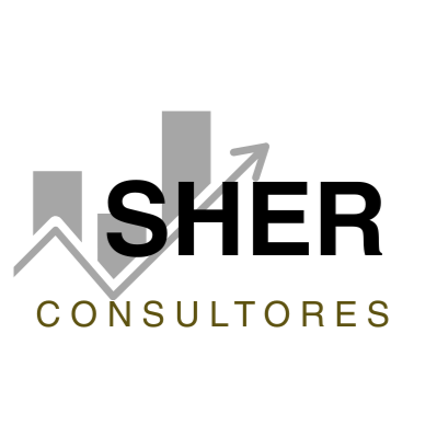 Logo of SHER Consultores with a bar graph and upward arrow in the background.