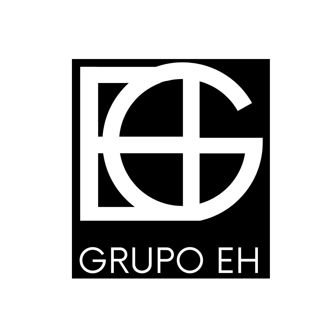 Black background with a white logo composed of stylized overlapping letters 'E' and 'H', and the words 'GRUPO EH' written below.