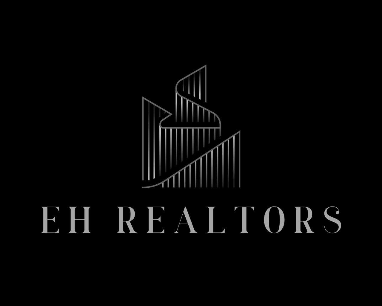 A black background with a stylized, silver, abstract skyscraper logo above the text 'EH REALTORS' in silver capital letters.