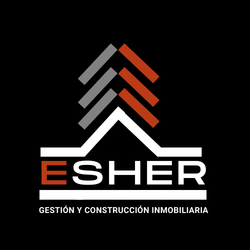 Logo for ES Her, a real estate management and construction company, with a stylized house and upward arrow design in gray, white, and red on a black background.