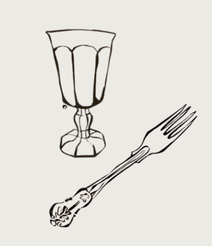 A sketch of a goblet and a fork with a skull design, arranged diagonally on a plain background.