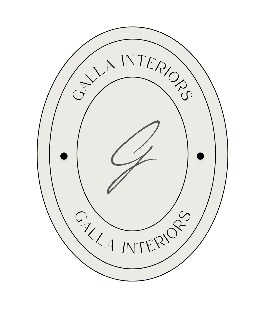 Oval logo with a signature in the center, and the words "GALLA INTERIORS" encircling the design on a light background.
