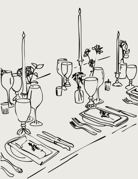 Line drawing of a table set with plates, silverware, wine glasses, candles, and small floral arrangements.