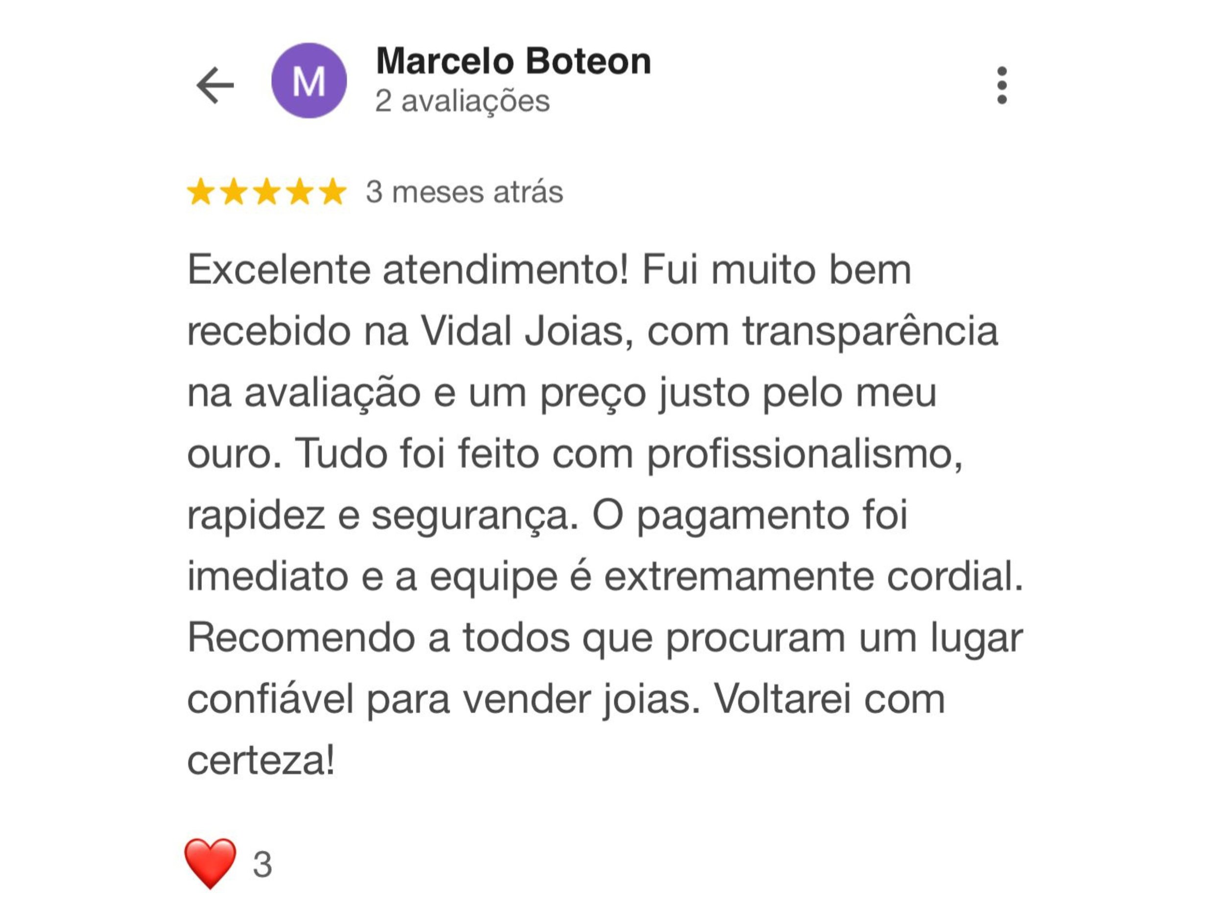 Avaliação de cliente na Google com cinco estrelas, nome Marcelo Boteon, comentário elogiando atendimento e recomendando loja de joias.