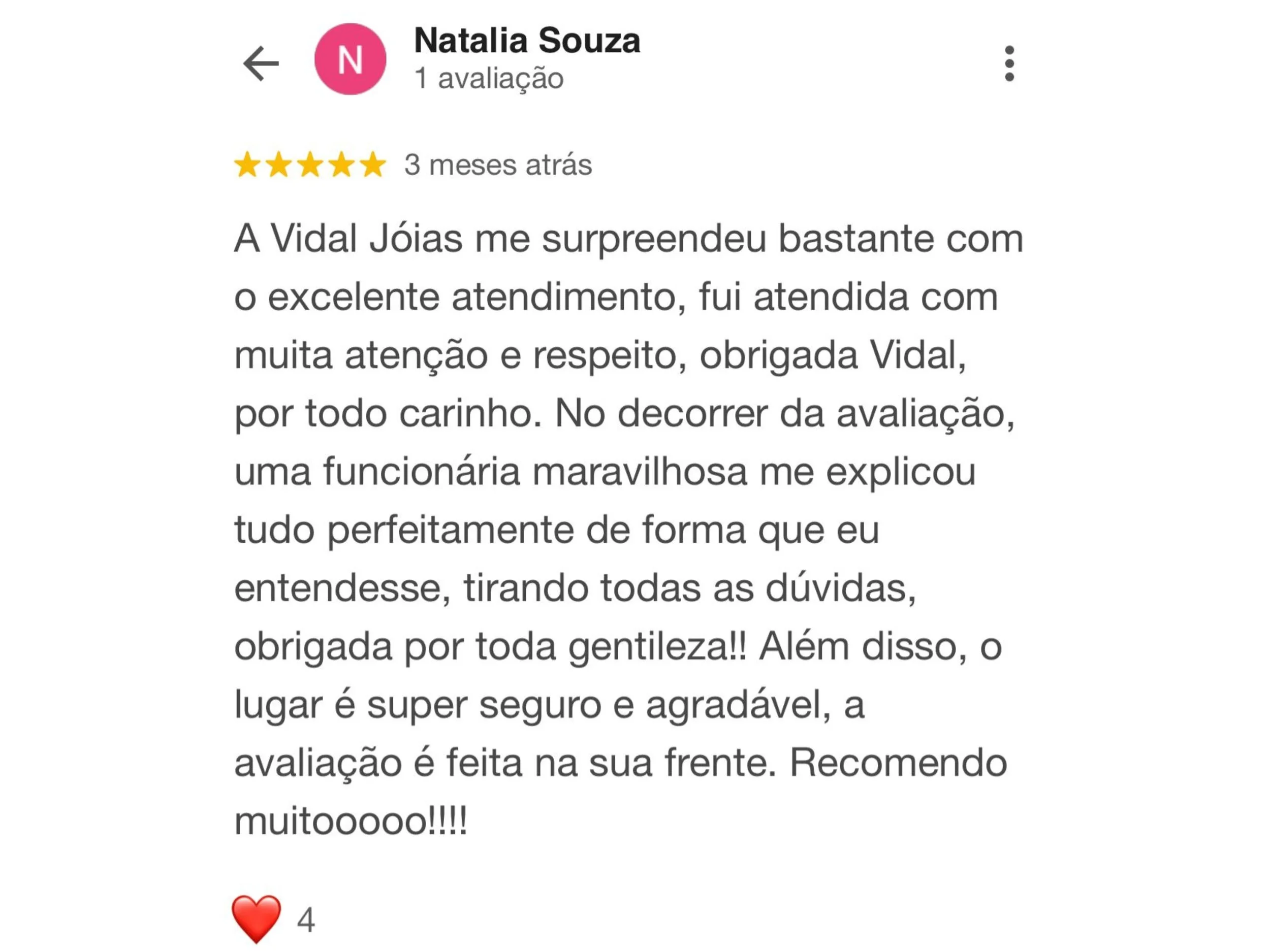 Avaliação de cliente sobre a loja de joias Vidal Jóias, destacando atendimento e segurança do local.