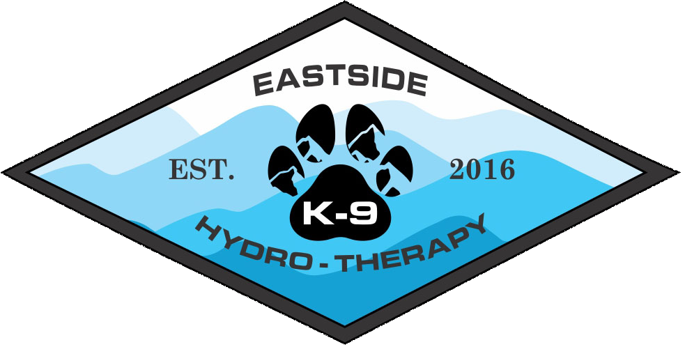 Diamond-shaped logo for Eastside K-9 Hydro Therapy with a water-themed background, black paw print, and text indicating establishment in 2016.