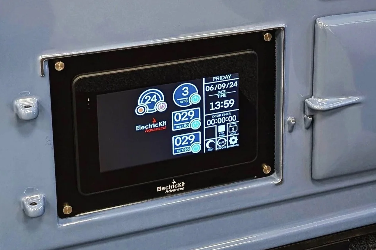 An advanced Electric Kit control panel on a blue machine or device, displaying settings for date, time, and temperature, with icons and menu options.