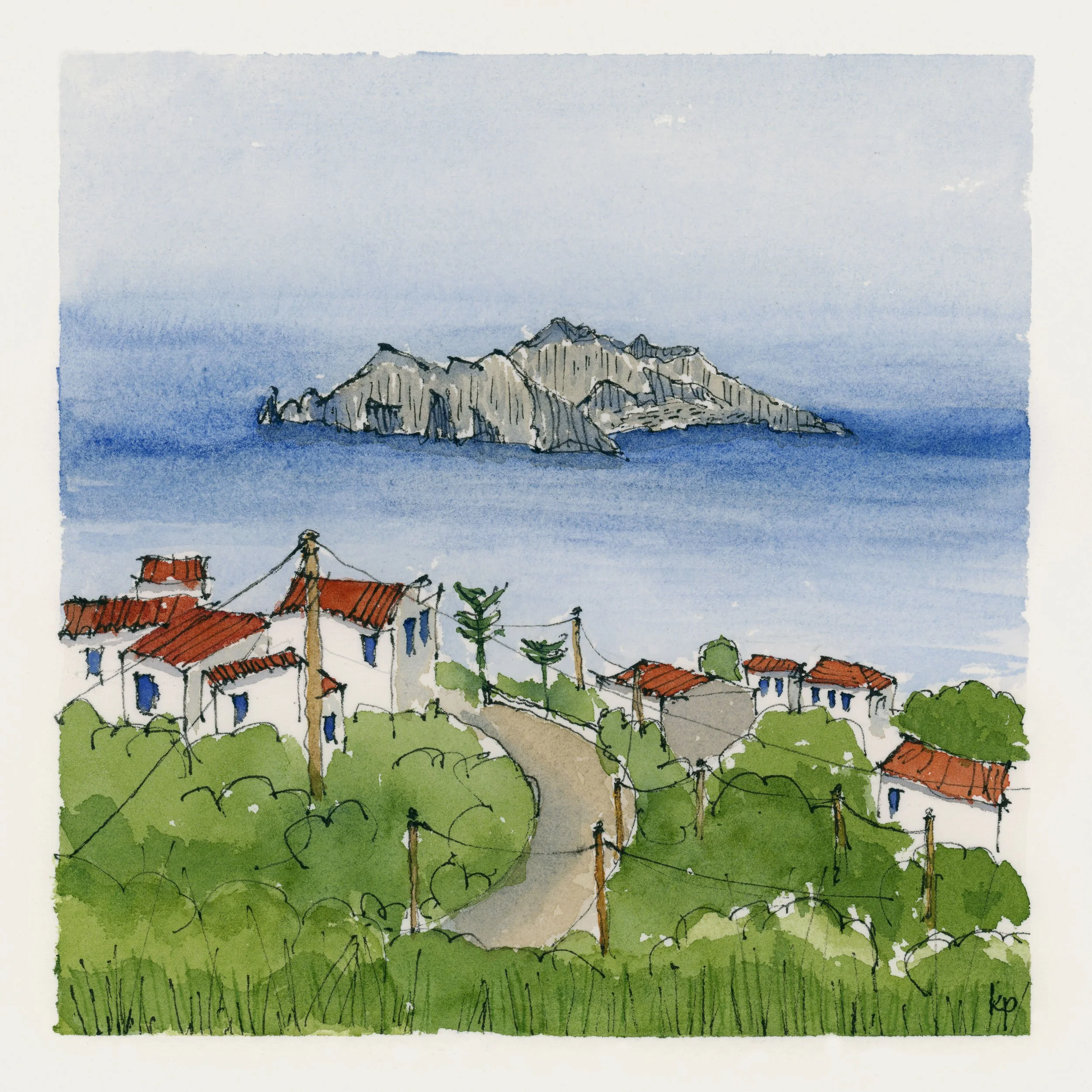 Isle of Capri from Massa Lubrense
Ink and watercolor on handmade Italian paper