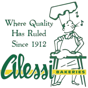 Alessi Bakeries logo with slogan "Where Quality Has Ruled Since 1912" and drawing of baker with rolling pin.