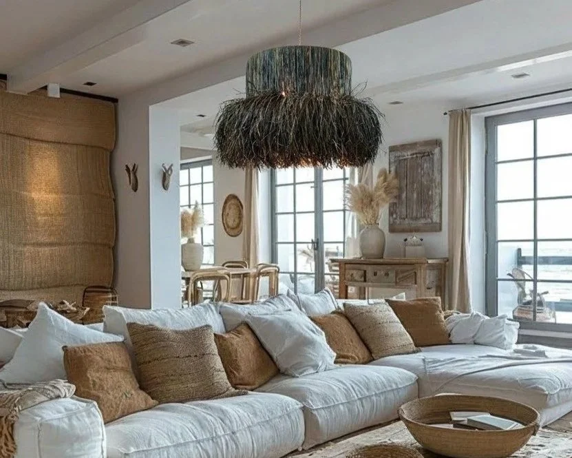 Lámpara artesanal integrada en un salón de estilo cálido y natural.